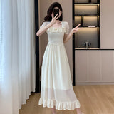 Chicdear French Vintage Midi Party Prom Princess Dresses Summer Elegant Chic Applique Square Neck Gowns Women's Bubble Sleeve Dresses