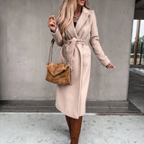 Chicdear -   Autumn Winter Warm Long Women Woolen Coat with Belt Casual Elegant Solid Color Female Windbreakers 2023 Overcoat