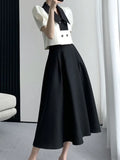 Chicdear French Elegant Two Piece Sets Vintage Office Lady Puff Sleeve White Crop Top + A Line Black Midi Skirts Suit Retro Summer Outfit