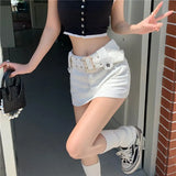 Chicdear White High Waist Denim Skirt Female A-line Mini Skirt With Belt