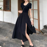 Chicdear Korean Style Fashion Elegant Slit Dress for Women Fairy Slim Fit Dress Tighten The Waist Women 2024 New Spring Summer Dress