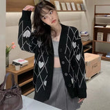 Chicdear - Women Knitted Cardigan Argyle Heart Pattern Jacquard Sweater Long Sleeve Love Style Coat 2023 Fall Winter Vintage Korean Tops