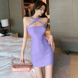 Chicdear Summer Sleeveless Cross Halter Women Dress Sexy Slim Knitted Solid Color