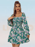 Chicdear Women Dress Elegant Square Collar Floral A-line Long Sleeve Dress Summer 2024 Printing Short Dress Petal Sleeve Boho Dress