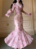 Chicdear Spring Summer New Elegant Mermaid Flare Sleeve Long Dresses Vintage Sexy Bodycon Pink Print Evening Club Robe Women Vestidos