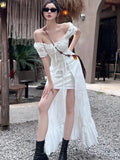 Chicdear Y2K Long Dresses for Women Puff Sleeve Lace-up A-line Off Shoulder Club Party Dress Summer New Korean Chic One Piece Vestido