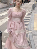 Chicdear Summer Chiffon Midi Dress Women Lace Y2K Lolita Fairycore Puff Sleeve High Waist French Vintage Evening Party Dresses Prom Robe