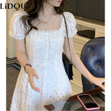 Chicdear Summer White Midi Dress Hollow Out For Women Elegant Square Collar Puff Sleeve French Kawaii Vestidos Korean Chic Dresses Mujer