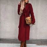 Chicdear -   Autumn Winter Warm Long Women Woolen Coat with Belt Casual Elegant Solid Color Female Windbreakers 2023 Overcoat