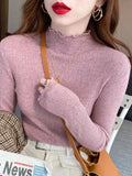 Chicdear - Autumn Winter Sweater Women Knitted Ribbed Pullover 2023 Sweater Long Sleeve Ruffles Turtleneck Slim Jumper Soft Warm Pull Femme