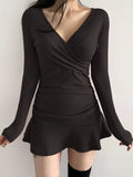 Chicdear  Spring Summer Black Mini Dress Women Casual Wrap Badycon Long Sleeve Short Dresses V-Neck Ruched Robes Female