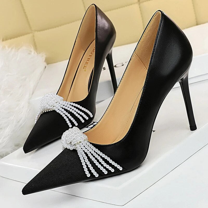 Chicdear -  Shoes Pearl Bowknot Women Pumps Luxurious High Heels Fashion Party Shoes Women Heels Stiletto Ladies Shoes Plus Size 43