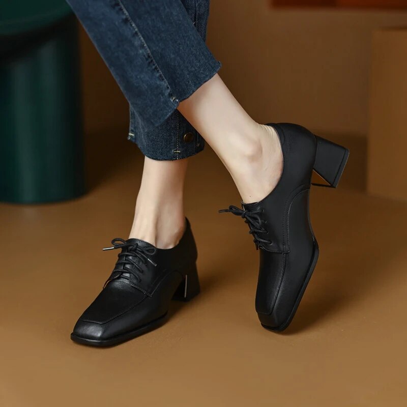 Chicdear -NEW Spring/Autumn Women Shoes Square Toe High heels Genuine Leather Chunky Heel Pumps Plus Size Retro Lace Up Black Shoes Women