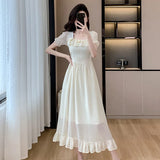 Chicdear French Vintage Midi Party Prom Princess Dresses Summer Elegant Chic Applique Square Neck Gowns Women's Bubble Sleeve Dresses