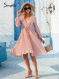 Chicdear Casual Pleated Deep V-Neck Summer Dress Women Beach Elegant Pink Puff Long Sleeve Spring Midi Dress Sexy Mujer Vestidos