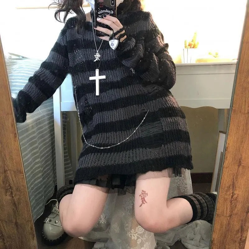 Chicdear - Over Size Grey Striped Gothic Lolita Sweaters Women Ripped Holes Loose Knitted Y2k Hollow Out Broken Emo Punk JK Girl Streetwear