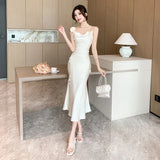 Chicdear Summer New French Fashion Women Spaghetti Strap Elegant Temperament Midi Mermaid Ruffles Dresses Evening Party Prom Clothes