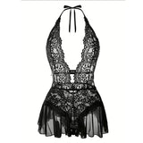 Chicdear-Hot Sell Crotchless Sexy Lingerie Women Lace Hollow Bodysuit Teddy Babydoll Dress Deep V Open Bra Erotic Underwear SET