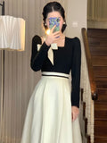 Chicdear Elegant Hepburn Women Dresses  Spring Korean Fashion Chic Square Collar Bow Long Sleeve Vestidos Patchwork Prom A Line Dress New