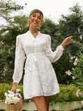 Chicdear Elegant White A-Line Sashes Women's Dresses Spring Summer  Mesh Ladies Shirt Dress Mini  Puff Long Sleeve Mujer Vestidos