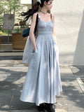 Chicdear New Summer Solid Midi Dress Women Spaghetti Strap A-line Casual Korean Chic Streetwear with Pockets Slim One Piece Vestidos