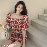 Chicdear Spring Summer Square Collar Floral Dress Women Temperament Slim Waist Bag Hip Skirt French Retro Dresses