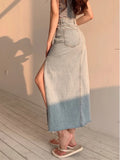 Chicdear Long Denim Skirt Vintage Women Solid High Waist  A-LINE Slim Korean Style Jean Slit Midi Skirt Summer Fashion Girl