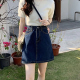 Chicdear Korean Style Denim Mini Skirts for Women Summer 2023 Dark Blue Short A Line Skirt Woman Jeans High Waist Skirts Female