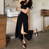 Chicdear Korean Style Fashion Elegant Slit Dress for Women Fairy Slim Fit Dress Tighten The Waist Women 2024 New Spring Summer Dress