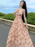 Chicdear Summer New Spaghetti Strap Floral Long Dresses for Women Backless A-line Beach Style Korean Fashion Party Dress Casual Vestidos