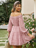 Chicdear Holiday Off Shoulder Emboridery Women Summer Dress  Pink Ruffle Long Sleeve Office Mini Dress  Mesh Smock Mujer Vestidos