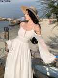 Chicdear Summer White Holiday Beach Long Dress Women Off Shoulder Backless Runway Vestidos Korean Chic A-line Sundress Clothes