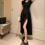 Chicdear Korean Style Fashion Elegant Slit Dress Tighten The Waist Women 2024 New Spring Summer Dress for Women Fairy Slim Fit Dress