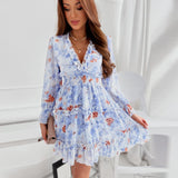 Chicdear Summer V Neck Mini Dress Women Casual Chiffon Floral Print Dress Long Sleeve Ruffles Patchwork Cake Dress Female A-line Dress