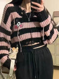 Chicdear - QWEEK Y2k Gothic Harajuku Stripped Crop Sweater Women Fairy Grunge Knitted Pullovers Hollow Out Mall Goth Tops 2023 Autumn