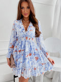 Chicdear Summer V Neck Mini Dress Women Casual Chiffon Floral Print Dress Long Sleeve Ruffles Patchwork Cake Dress Female A-line Dress