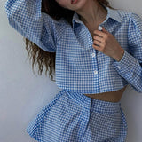 Chicdear Plaid Culottes Shorts Sets Shirt Collar Matching Suits Blouse Long Sleeve Top Outfits Summer Autumn Women Two Piece Set Fall Dresses