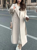 Chicdear -  Korean Fashion Women Casual Loose Woolen Coat Elegant and Chic Solid Outerwear Long Overcoat with Belted Female Warm Cloak