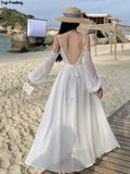 Chicdear Summer White Holiday Beach Long Dress Women Off Shoulder Backless Runway Vestidos Korean Chic A-line Sundress Clothes