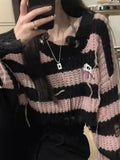 Chicdear - QWEEK Y2k Gothic Harajuku Stripped Crop Sweater Women Fairy Grunge Knitted Pullovers Hollow Out Mall Goth Tops 2023 Autumn