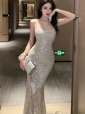 Chicdear Sexy Bodycon Sequined Evening Party Long Dresses for Women Spaghetti Strap New Summer Slim Mermaid Backless Prom Robe Vestido