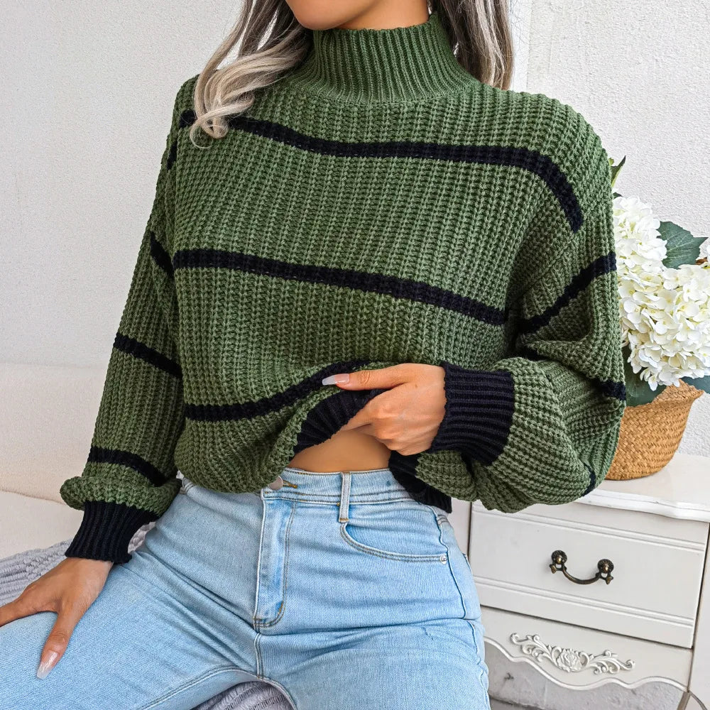 Chicdear - Women Fall Winter Casual Striped Lantern Sleeve Turtleneck Knit Sweater For Ladies Loose Fashion Chic Tops