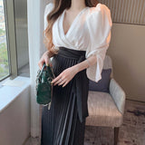 Chicdear Two Piece Sets Chiffon Dress Women Pleated Sexy V Neck Ladies Dresses Ruched Long Sleeve Spring Summer Woman Dress Vestidos