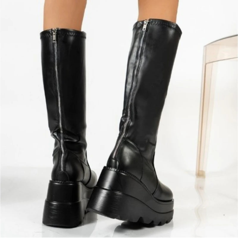 Chicdear - Platform Women Combat Winter Heels Quality Long Thigh High Zipper Knee High Boots 2023 New Fashion Botas Mujer Gothic Punk Boots