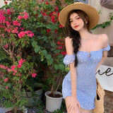 Chicdear Summer Women Tie Neck Boho Bodycon Dress  Floral Print Mini Sexy Casual Elegant Puff Sleeve Party Dresses Y2K Clothing