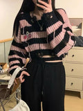 Chicdear - QWEEK Y2k Gothic Harajuku Stripped Crop Sweater Women Fairy Grunge Knitted Pullovers Hollow Out Mall Goth Tops 2023 Autumn