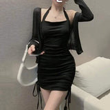 Chicdear Halter Neck Drawstring Black Mini Dress Women Off Shoulder Sexy Party  Club Tank Bodycon Short Summer Dresses Y2K