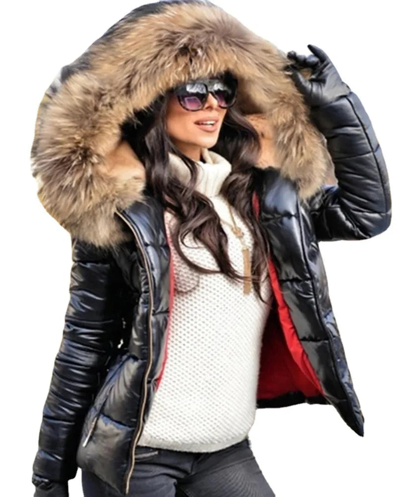 Chicdear - 2023 New Hood Solid Color Fur Hooded Jacket Autumn Winter New Women's Cotton-Padded Down Short Parka Coat Jacket Fashion Casual