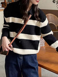 Chicdear - Ins Contrast Color Stripe Knitting Sweater Female Pullovers Korean Chicly Zipper Simple Casual 2-colors Women Pullovers