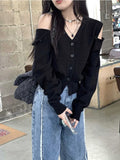 Christmas gift   Korean Fashion Oversized Cardigan Women Harajuku V-neck Knitted Jumper Sweet Off Shoulder Long Sleeve Crop Top Y2K